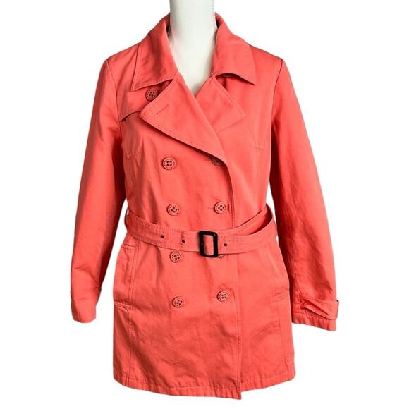 Merona Jackets & Blazers - Merona Trench Coat Size L Coral Single Breasted Belt Back Vent Pockets Lined
